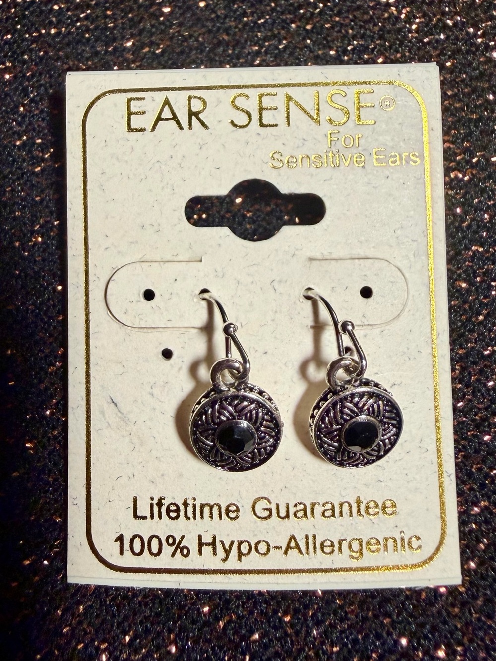 Ear Sense Silver Tone Dangle/Drop Hook Earrings Black Stone Metal Hypoallergenic